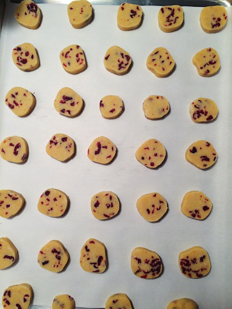 Cranberry Orange Shortbread Cookies on pan