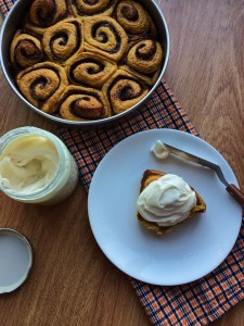 Pumpkin Spice Cinnamon Roll with cream cheese frosting
