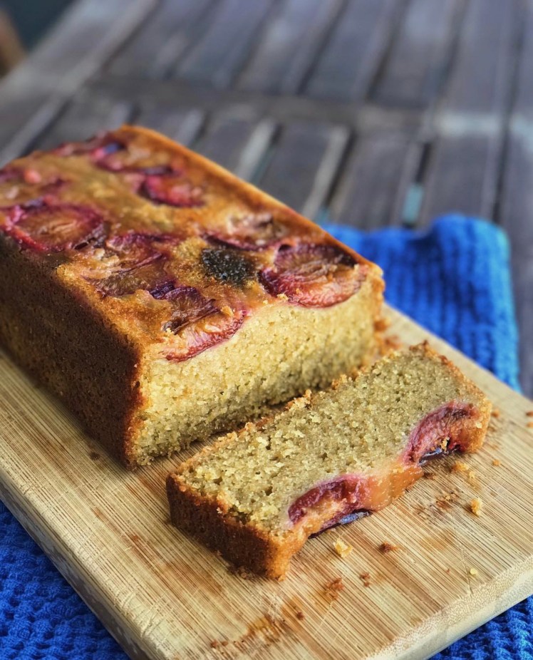upside down olive oil loaf cake with plums